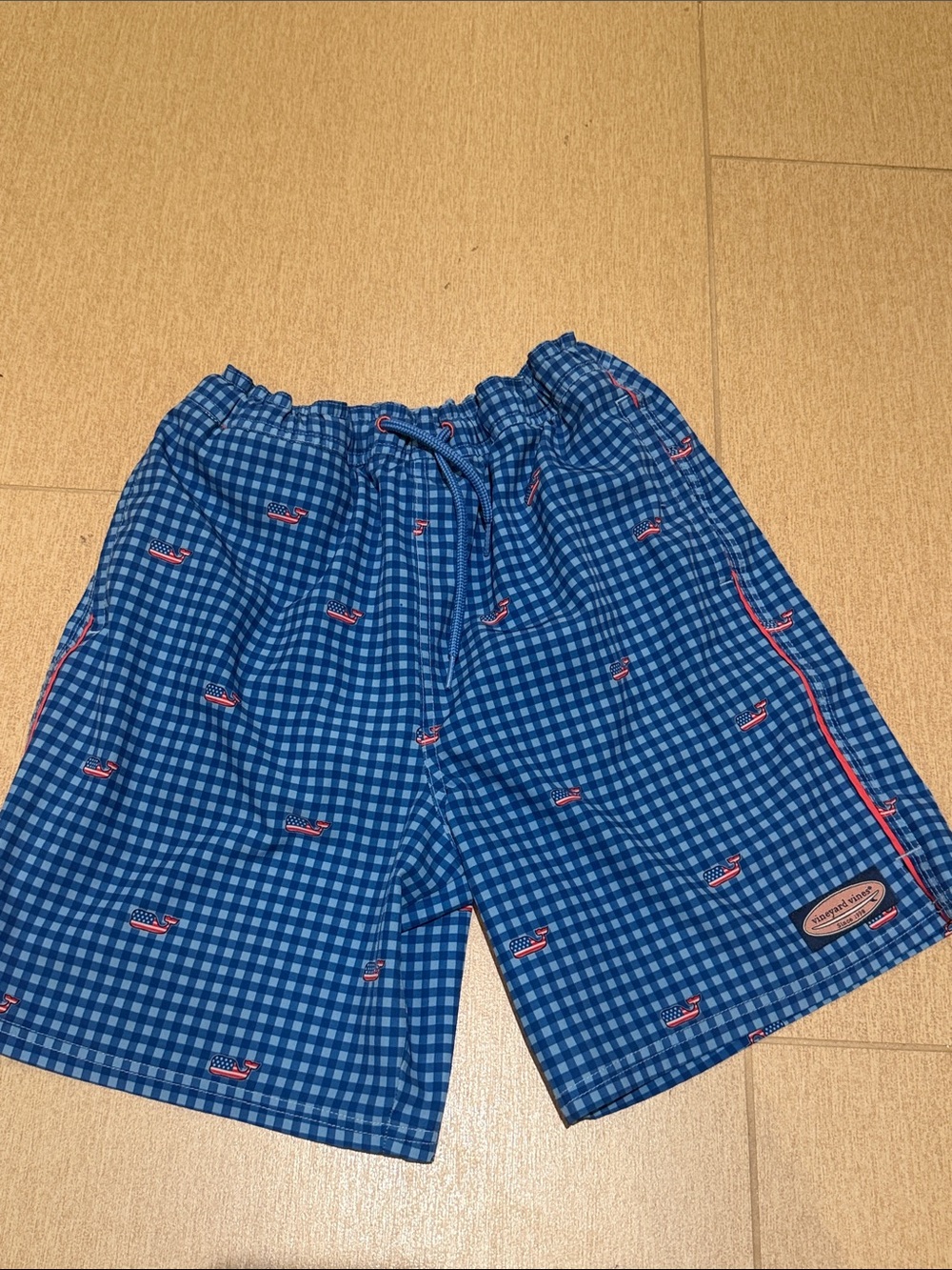 Vineyard Vines Blue Gingham Swim Trunks with Red Whale Accents